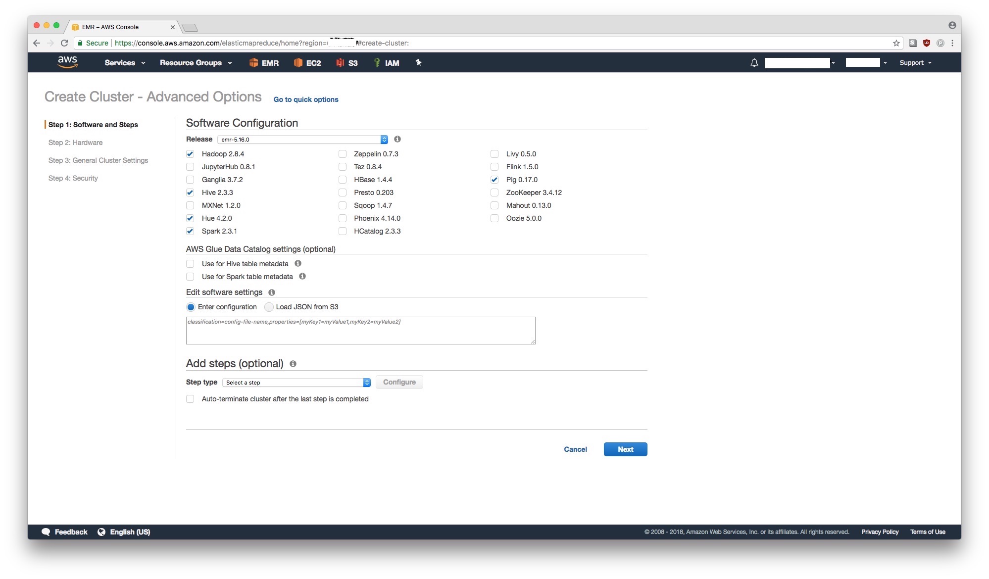 AWS EMR Setup Step 1: Software Configuration