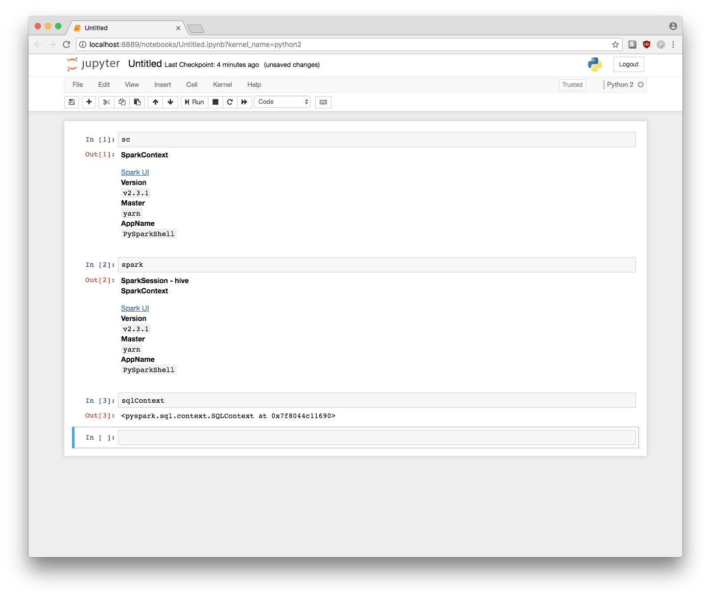 Jupyter notebook screenshot showing spark variables