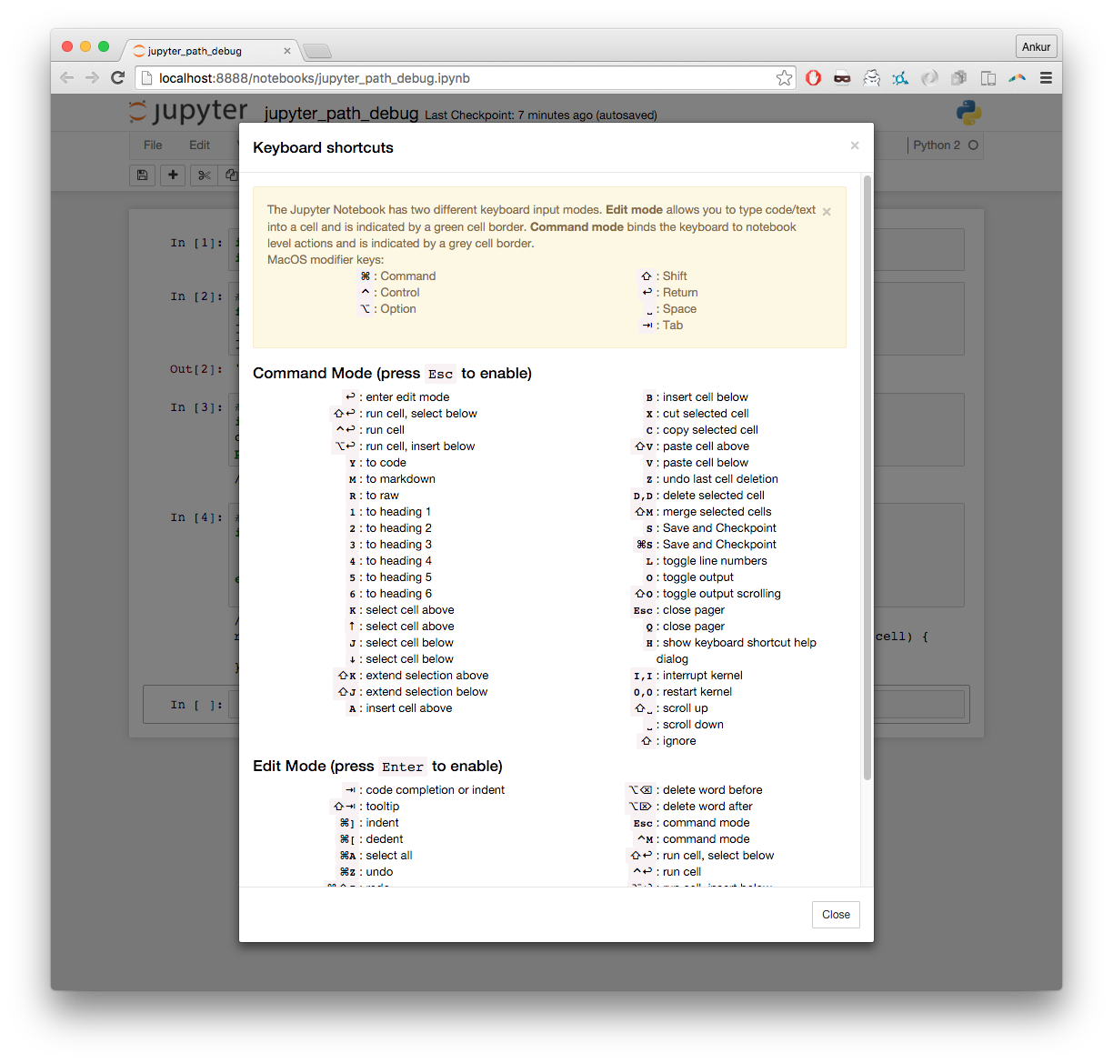 Jupyter Notebook Keyboard Shortcuts Help Dialog Window